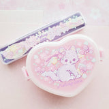 Lavender Floral Kitten Lunch Box Set w Utensil Kit