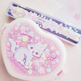 Lavender Floral Kitten Lunch Box Set w Utensil Kit